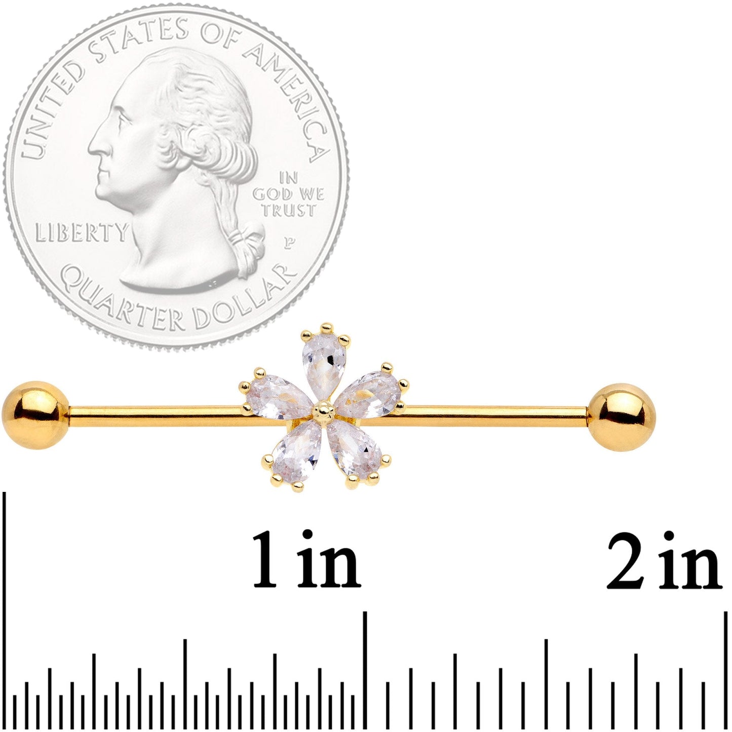 14G Clear CZ Gem Gold Tone Perfect Petals Flower Industrial Barbell 38mm