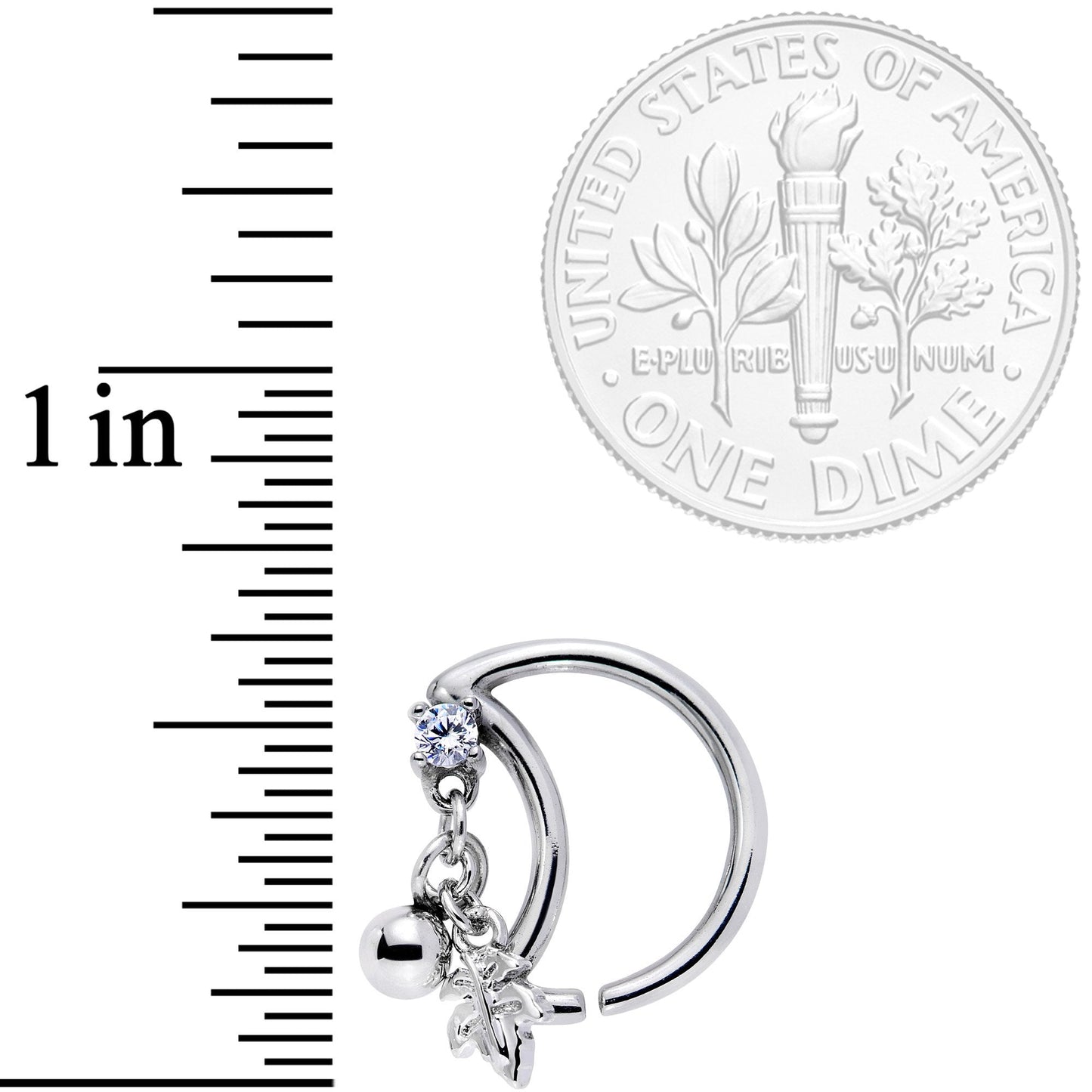 16G 3/8 Clear CZ Gem Crescent Moon Leaf Dangle Closure Ring