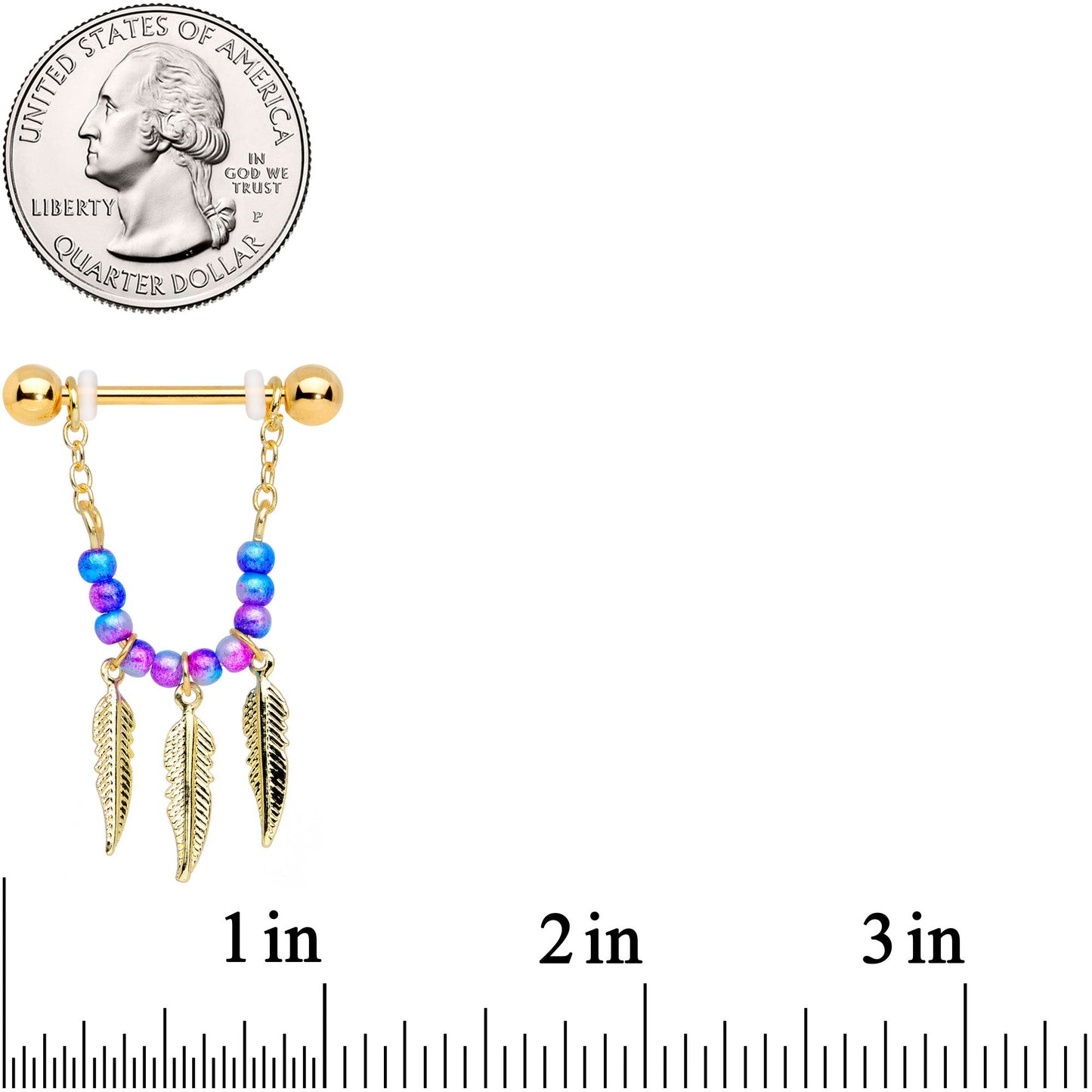 14G 1/2 Gold Tone Blue Purple Bead Feather Dangle Nipple Ring Set