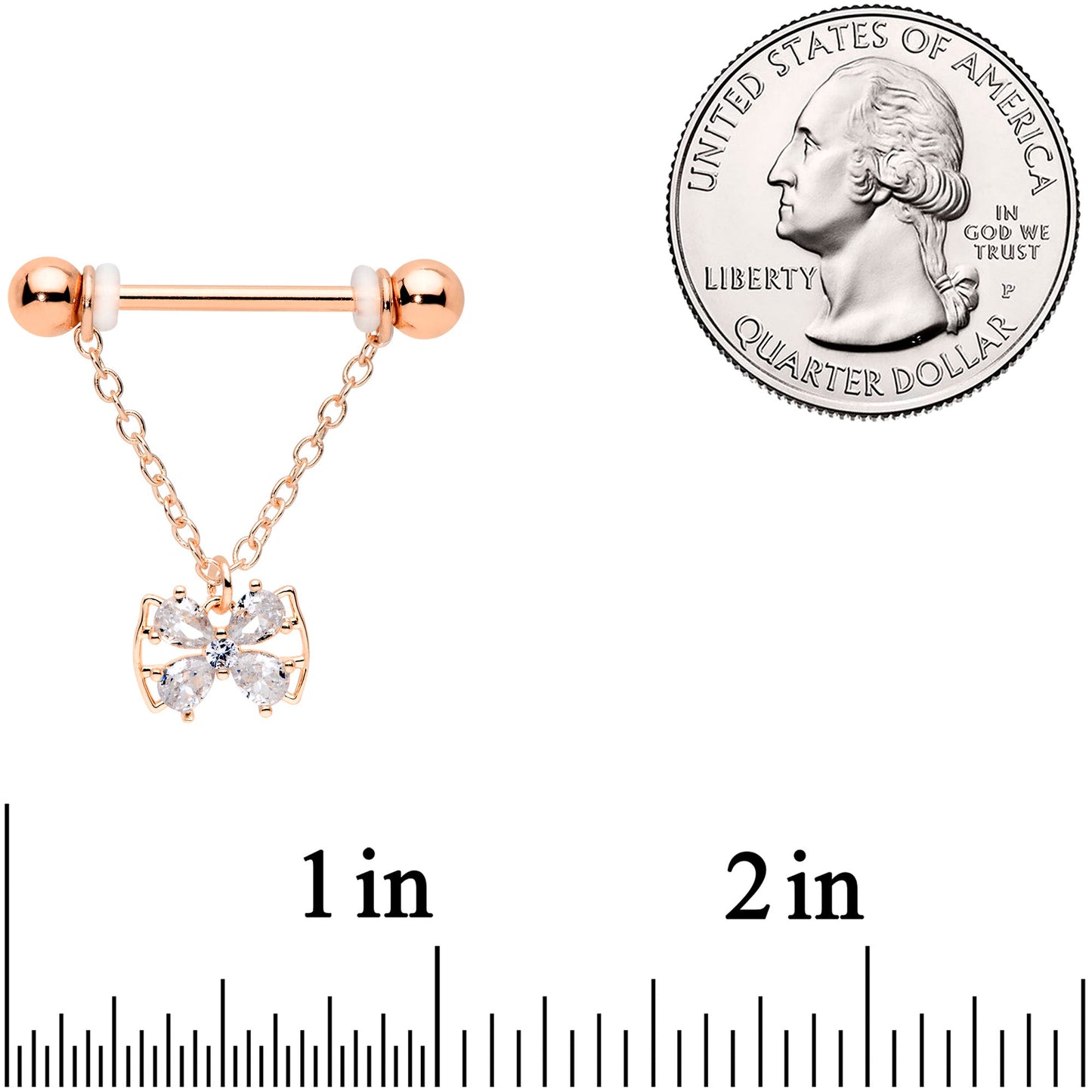 14G 11/16 Clear CZ Gem Rose Gold Hue Bow Chain Nipple Ring Set