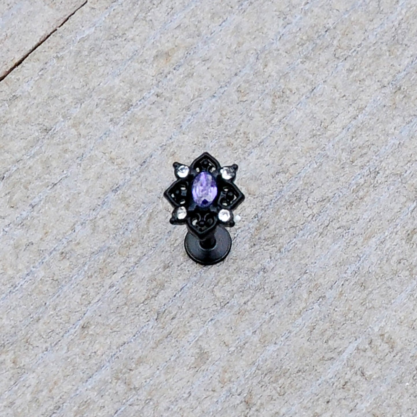 16G 5/16 Purple Gem Black Scrolling Hearts Labret Monroe Tragus