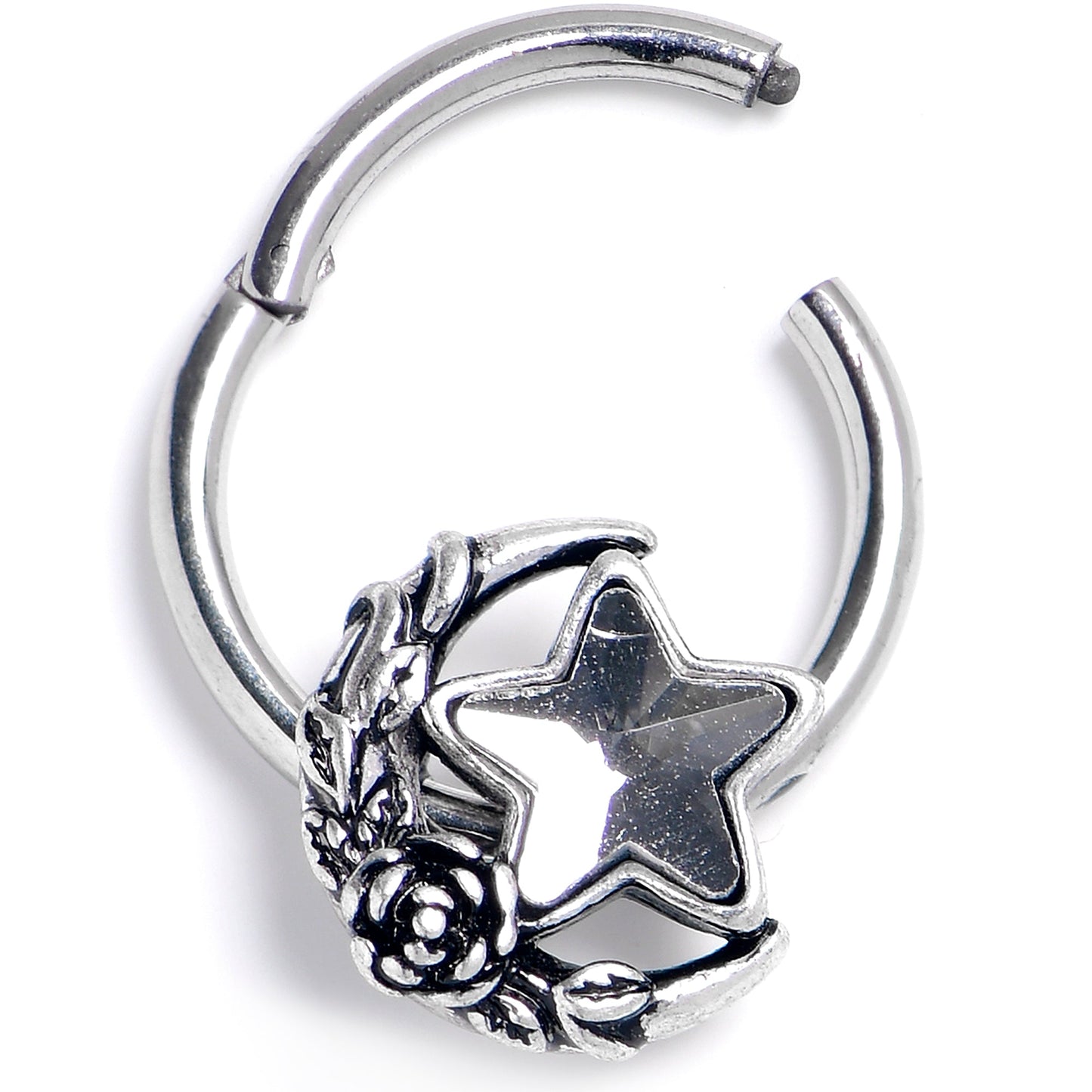 16G 3/8 Clear Gem Ornate Moon Star Hinged Segment Ring