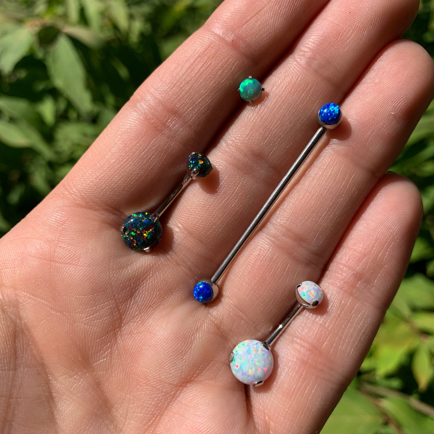 Double White Synthetic Opal Internally Threaded Belly Ring 3/8