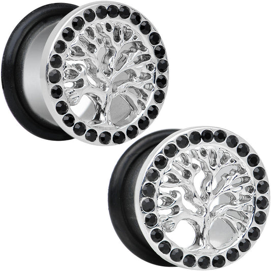 9/16 Black Gem Stainless Steel Single Flare Tree of Life Plug Set