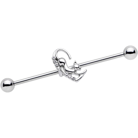 14G Clear Gem Half Heart Kitten Industrial Barbell 38mm
