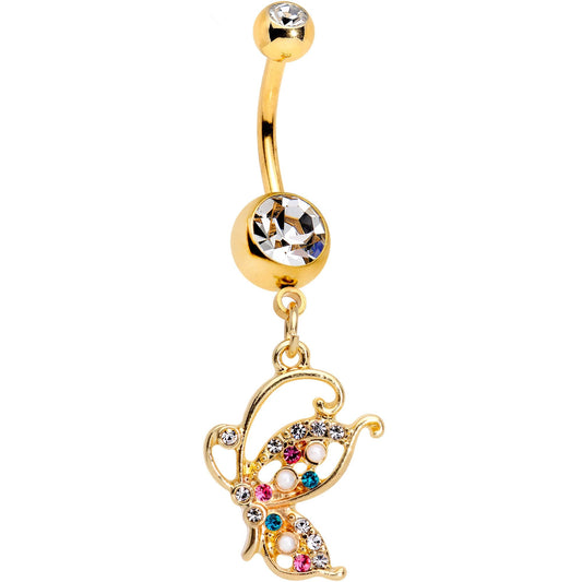 Clear Gem Gold PVD Fluttering Butterfly Dangle Belly Ring