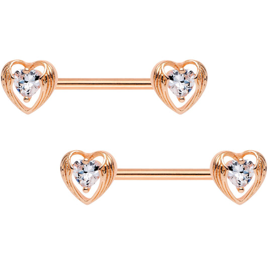 Clear CZ Rose Gold Tone Anodized Hugged Heart Barbell Nipple Ring Set