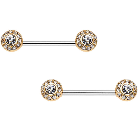 14G Clear Gem Gold Tone Circular Cluster Barbell Nipple Ring Set