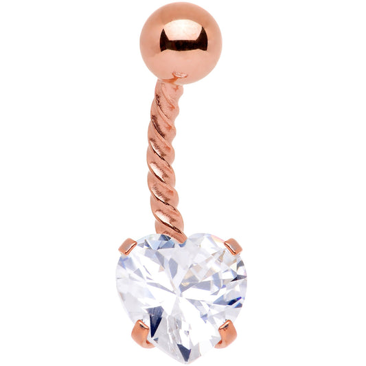 Clear CZ Gem Rose Gold IP Valentine Heart Seriously Twisted Belly Ring