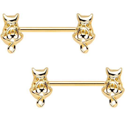 14G 9/16 Gold Tone Kitty Cat Barbell Nipple Ring Set
