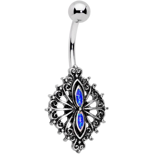 Blue Faux Druzy Spider Web Scrolls Belly Ring