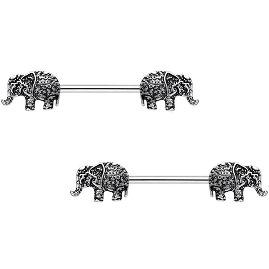 14G 9/16 Ornate Pattern Elephant Barbell Nipple Ring Set