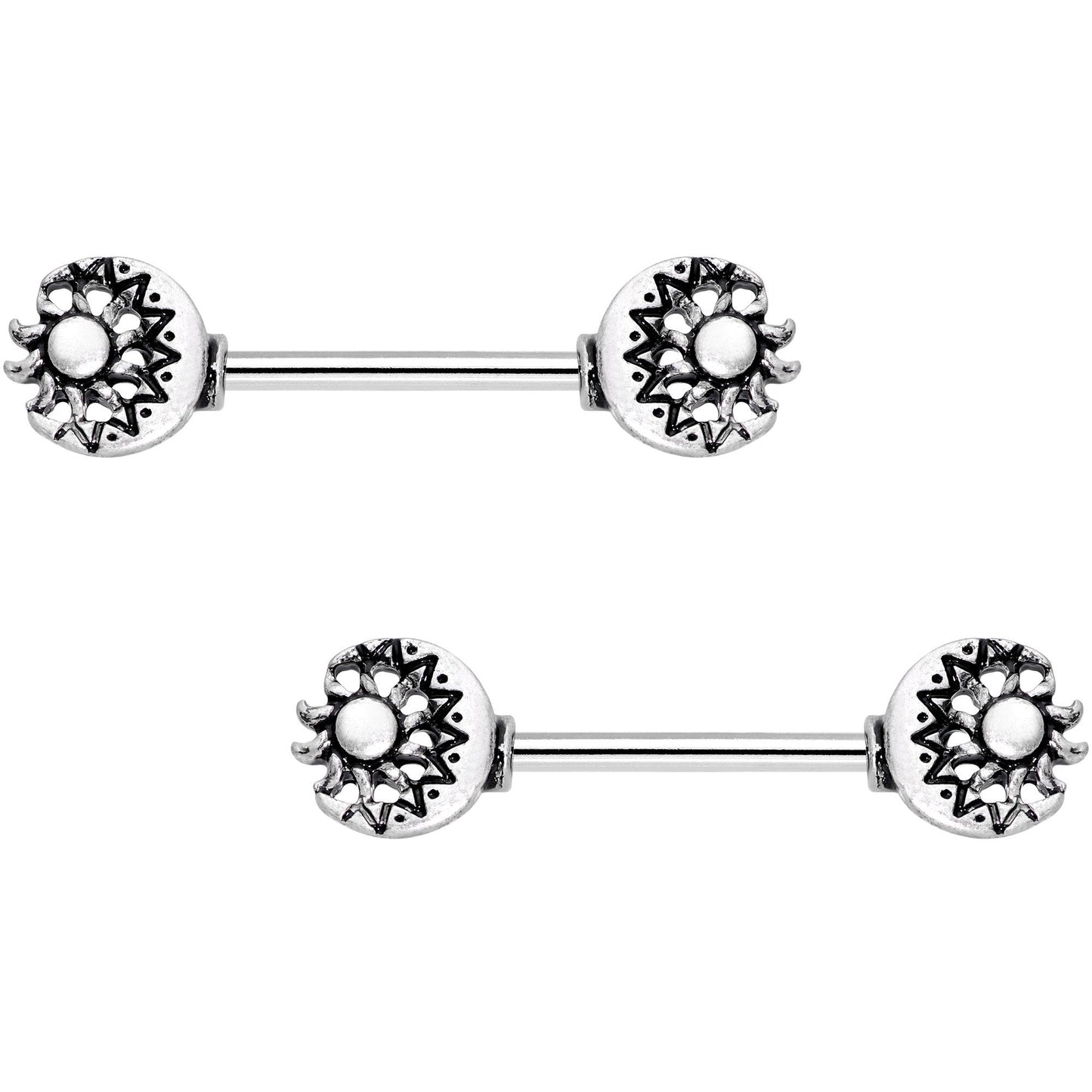 14G 9/16 Crescent Moon and Sun Barbell Nipple Ring Set