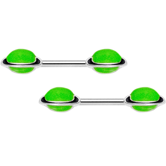 14G 9/16 Green Glow in the Dark Saturn Barbell Nipple Ring Set