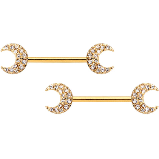 14G 9/16 Clear Gem Gold Tone Crescent Moon Barbell Nipple Ring Set