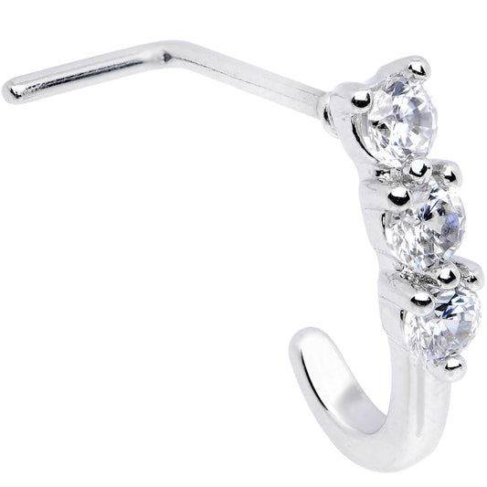 20G Clear CZ Gem Trio Hearts Faux Hoop L Shaped Nose Ring