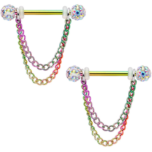 14G Clear Gem End Rainbow Chain Dangle Nipple Ring Set
