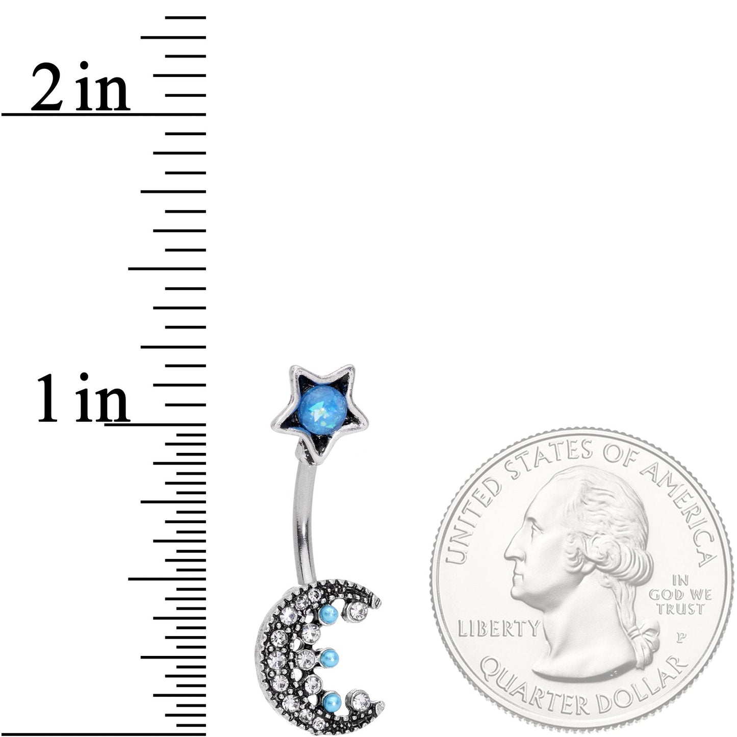 Aqua Faux Opal Orb Crescent Moon Reversible Belly Ring