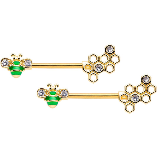 14G 9/16 Clear Gem Gold Tone Green Bee Barbell Nipple Ring Set