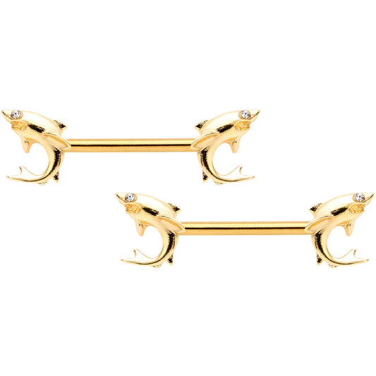 14G 9/16 Clear Gem Gold Tone Toothy Shark Barbell Nipple Ring Set