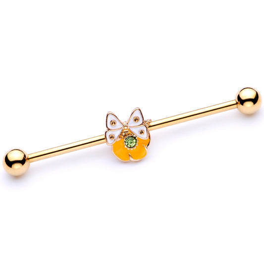 14G Green Gem Gold Tone Butterfly Flower Industrial Barbell 38mm
