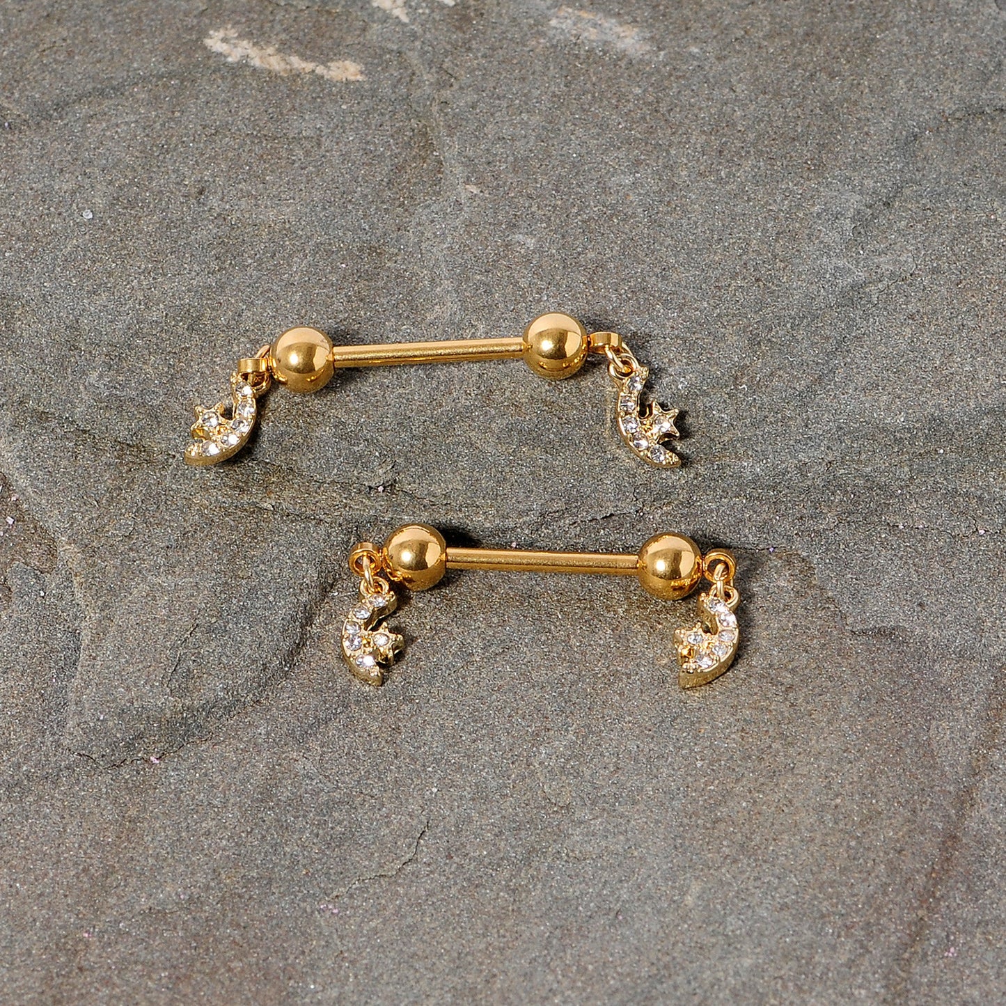 14G 9/16 Clear Gem Gold Tone Moon Dangle Barbell Nipple Ring Set