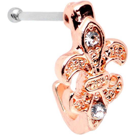 20G 3/8 Clear Gem Rose Gold Tone Fleur De Lis Faux Hoop Nose Bone