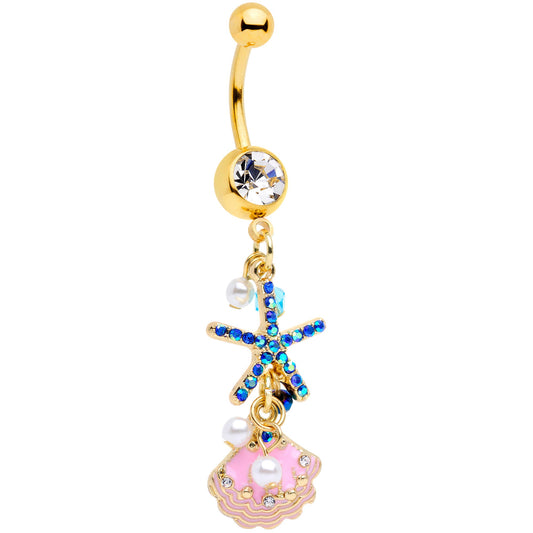 Clear Blue Gem Gold Tone Ocean Treasure Nautical Dangle Belly Ring