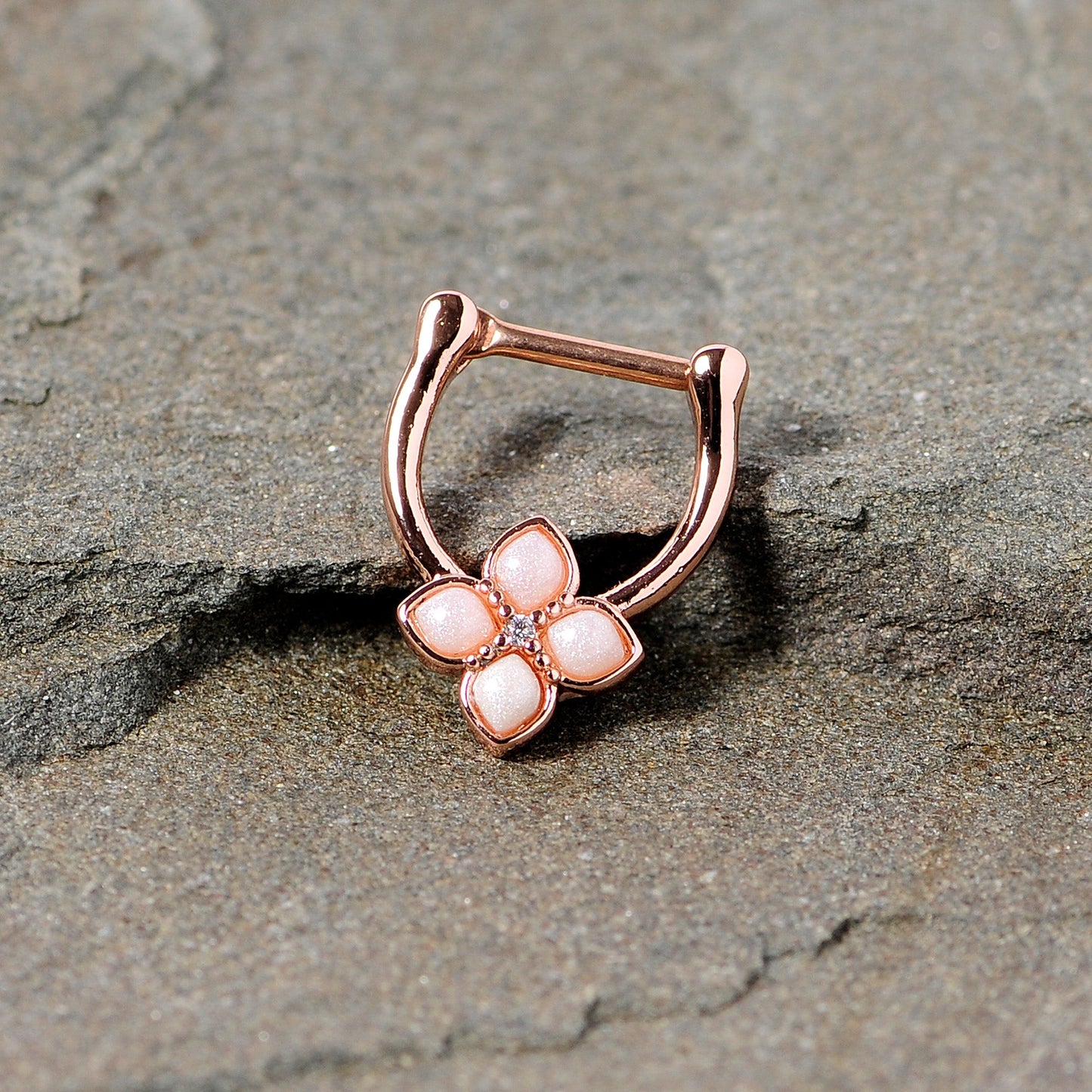 16G 3/8 White Faux Opal Rose Gold Tone Regal Cartilage Clicker