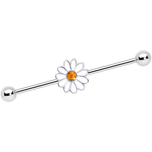 14G Yellow Gem White Daisy Flower Industrial Barbell 38mm