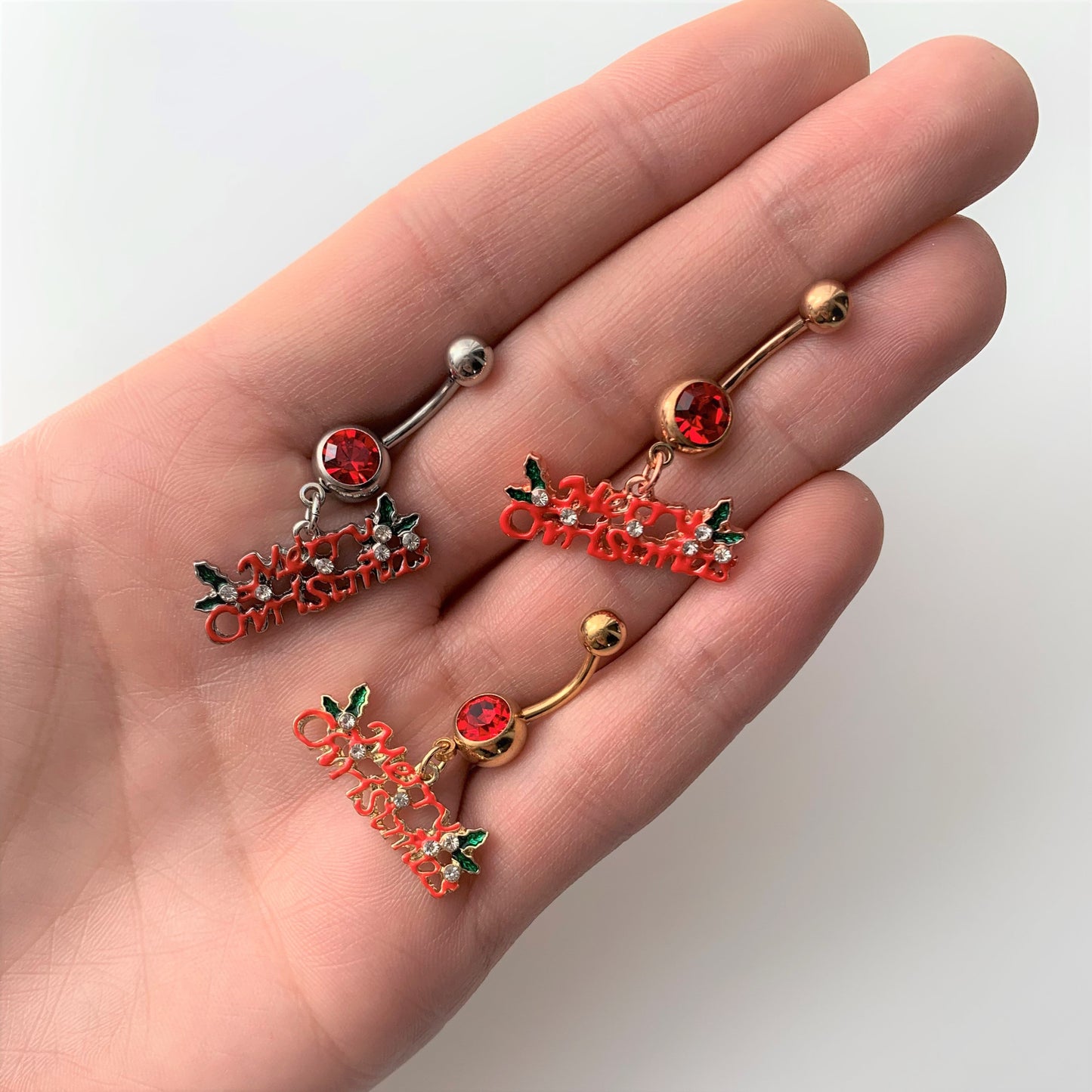 Red Gem Gold Tone Merry Christmas Dangle Belly Ring