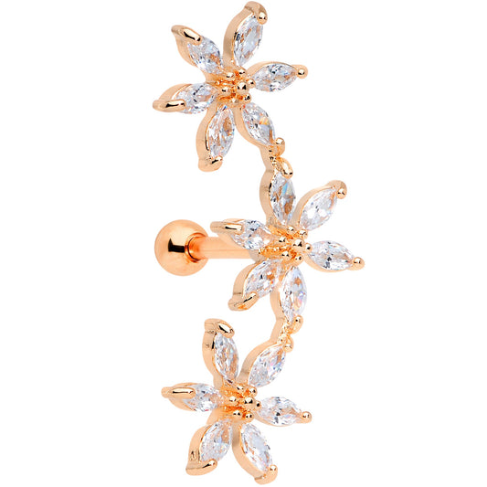 16G 1/4 Clear CZ Gem Rose Gold Tone Tri Flower Cartilage