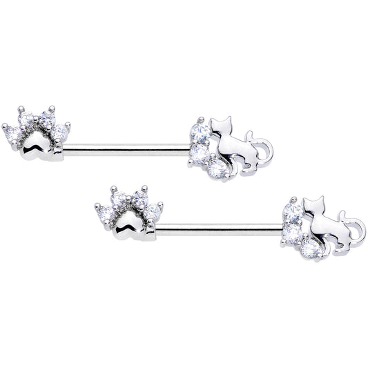 14G 9/16 Clear CZ Gem Paw Print Cat Barbell Nipple Ring Set