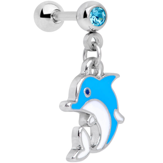 16G 1/4 Aqua Gem Blue Dolphin Dangle Cartilage Tragus Earring