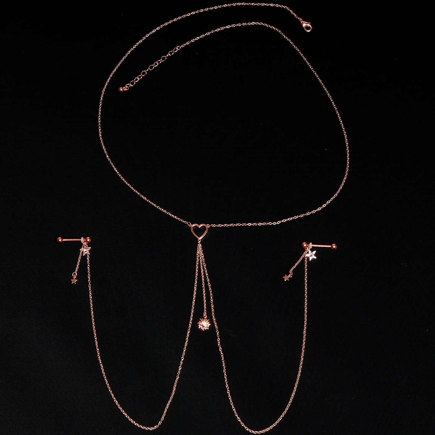 14G 5/8 Aurora Gem Rose Gold Hue Star Sun Nipple Chain Necklace
