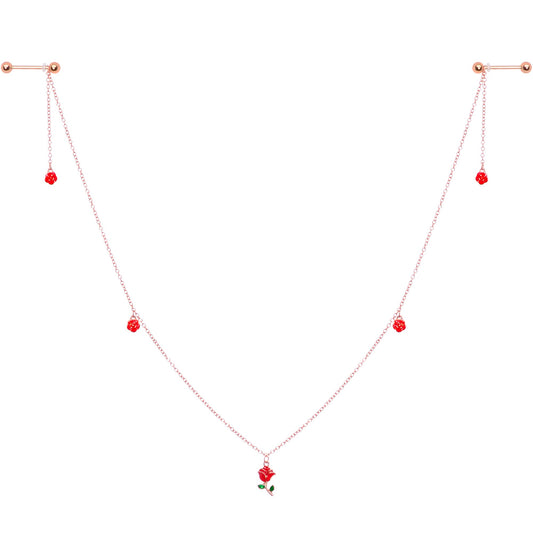 14G 9/16 Gold Tone Red Flower Valentine Dangle Nipple Chain