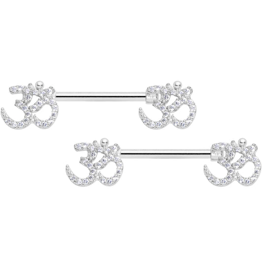 14G 9/16 Clear CZ Gem Amazing Om Barbell Nipple Ring Set
