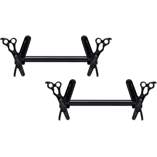 14G 9/16 Black Scissors Comb Barbell Nipple Ring Set