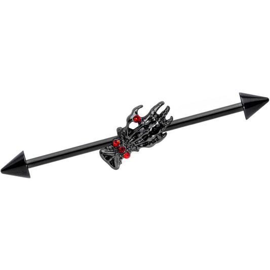 14G Red Gem Black Skeleton Hand Halloween Industrial Barbell 38mm