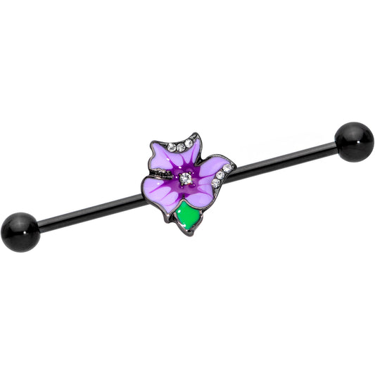 14G Clear Gem Black Iris Flower Industrial Barbell 38mm
