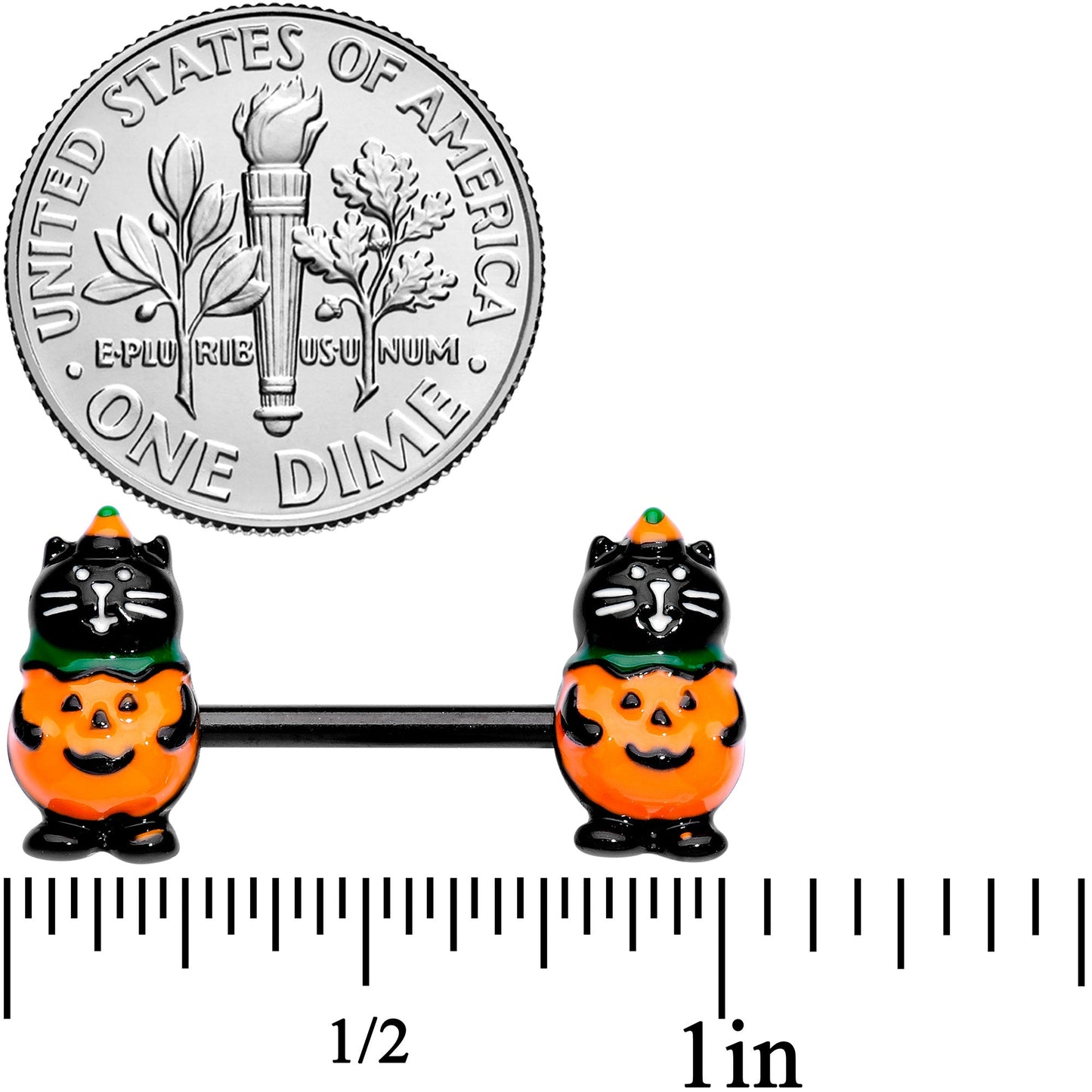 14G 9/16 Black Cat Pumpkin Halloween Barbell Nipple Ring Set