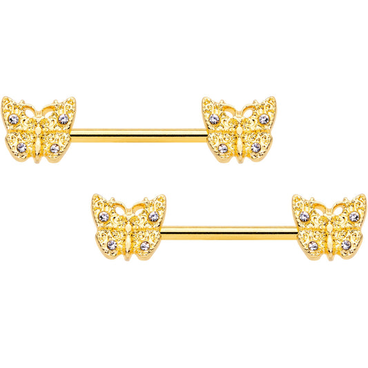 14G 9/16 Clear Gem Gold Tone Baroque Butterfly Nipple Ring Set