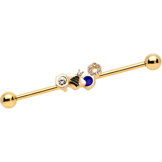 14G Clear CZ Gem Gold Tone Lovely Bee Industrial Barbell 38mm