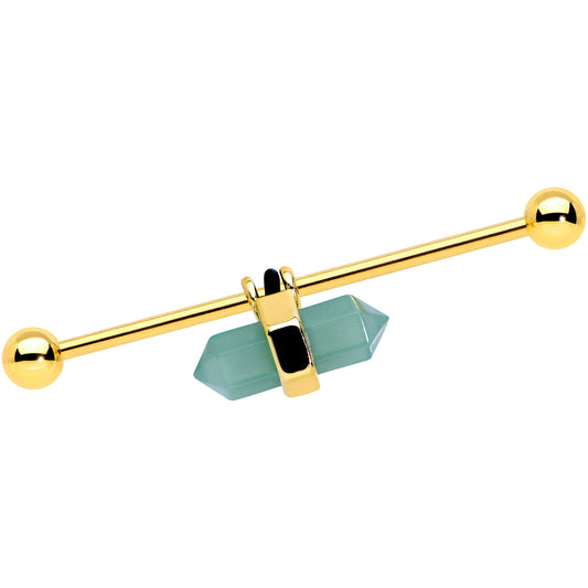 14G Gold Tone Green Gem Groovy Stone Hippie Industrial Barbell 38mm