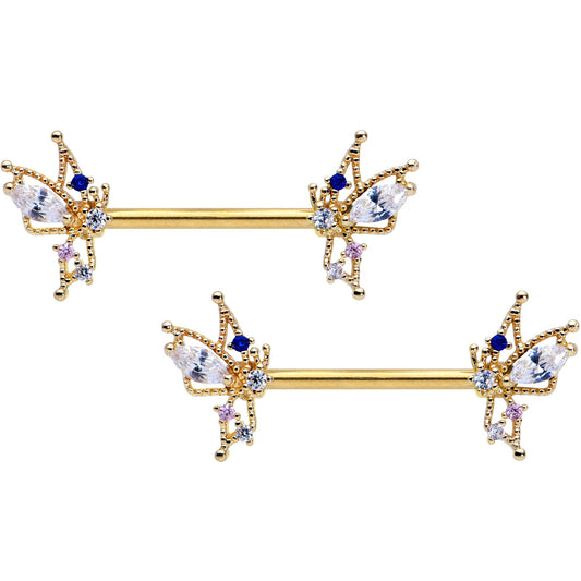 14G 9/16 Clear CZ Gem Gold Tone Christmas Angel Nipple Ring Set
