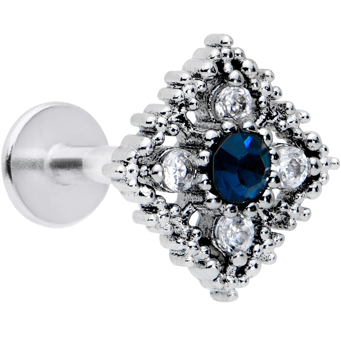 16G 5/16 Blue Gem Textured Rhombus Cross Labret Monroe Tragus