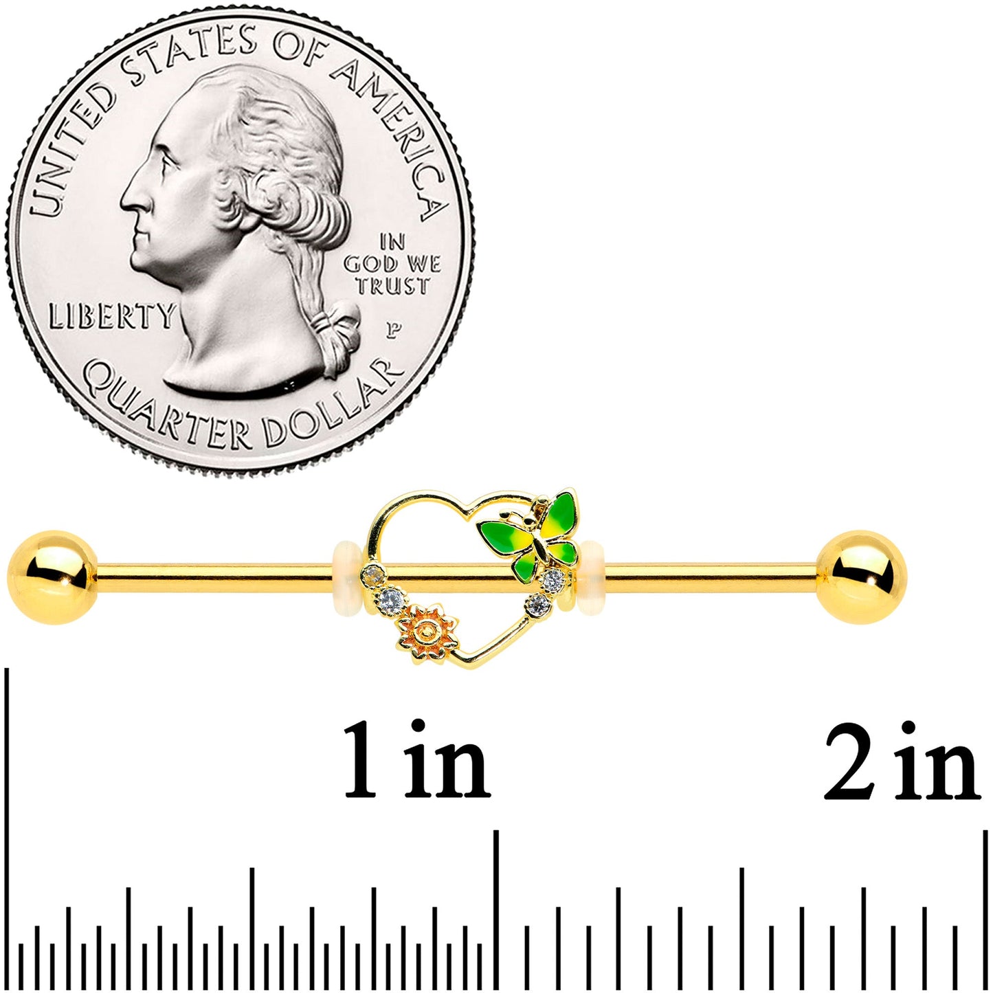 14G Clear CZ Gem Gold Tone Open Heart Sun Industrial Barbell 38mm