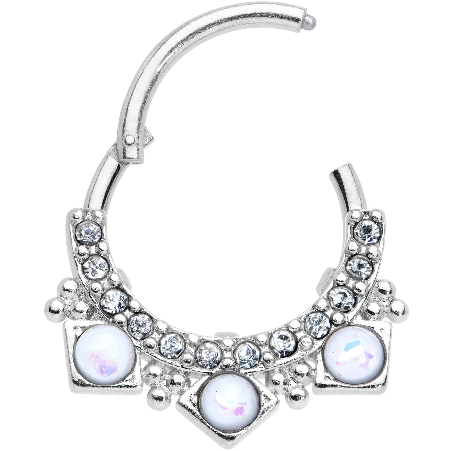 16G 3/8 White Faux Opal Squares Hinged Segment Ring