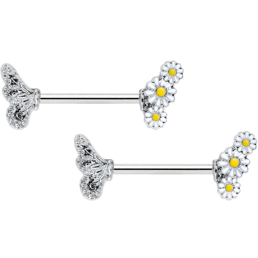 14G 9/16 Clear Gem Butterfly Daisy Flower Barbell Nipple Ring Set