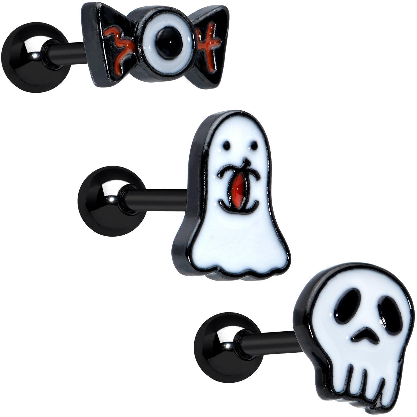 16G 1/4 Black Ghost Skull Eye Halloween Cartilage Tragus Set of 3